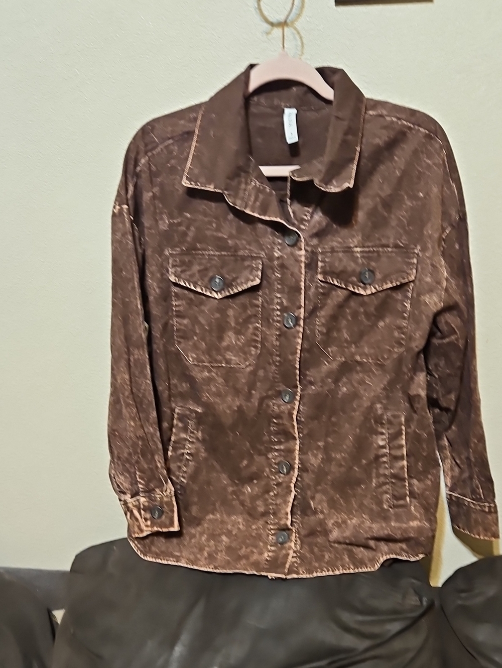 Zenana Outfitters Brown Distressed Button-Front Shirt Jacket